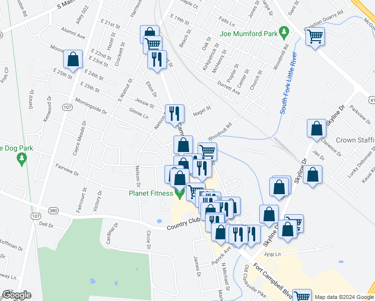 map of restaurants, bars, coffee shops, grocery stores, and more near 2519 Fort Campbell Boulevard in Hopkinsville