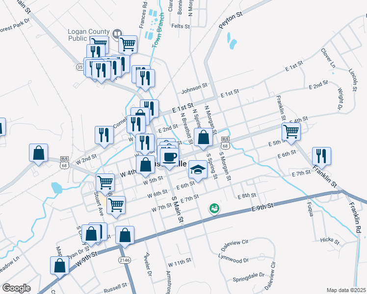 map of restaurants, bars, coffee shops, grocery stores, and more near 188-194 N Summer in Russellville