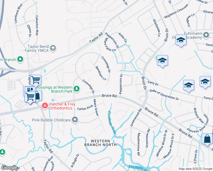 map of restaurants, bars, coffee shops, grocery stores, and more near 2801 Crossings Drive in Chesapeake