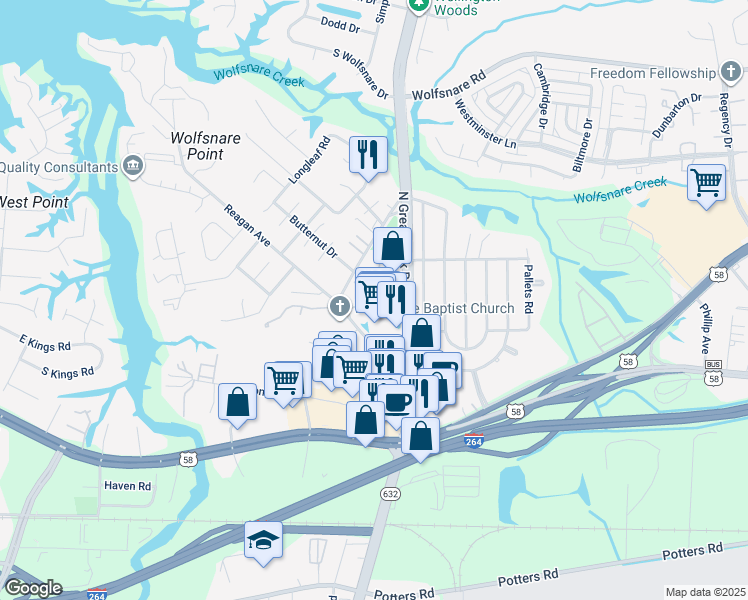 map of restaurants, bars, coffee shops, grocery stores, and more near 2315 Cretan Court in Virginia Beach