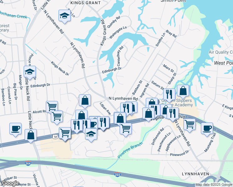 map of restaurants, bars, coffee shops, grocery stores, and more near 408 Leffler Lane in Virginia Beach