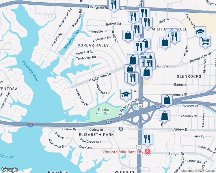map of restaurants, bars, coffee shops, grocery stores, and more near 404 Poplar Hall Circle in Norfolk