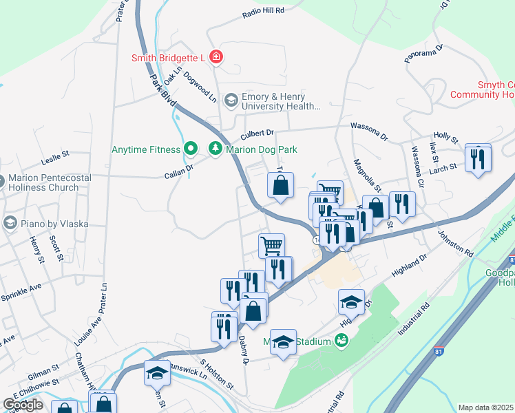 map of restaurants, bars, coffee shops, grocery stores, and more near 504 Park Boulevard in Marion