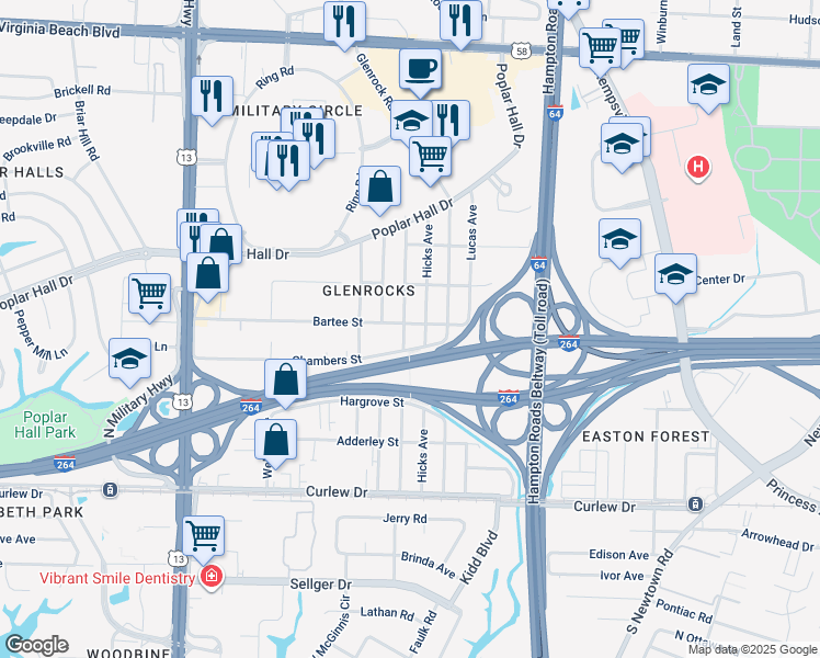 map of restaurants, bars, coffee shops, grocery stores, and more near 5921 Bartee Street in Norfolk