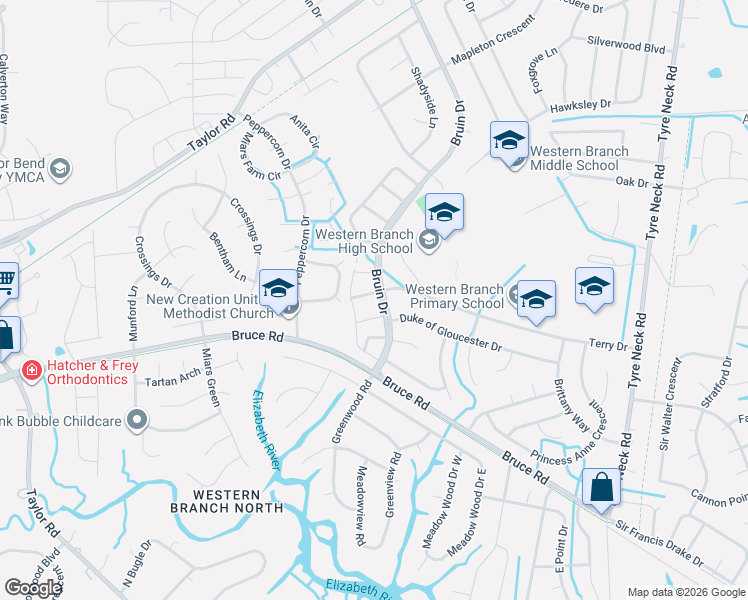 map of restaurants, bars, coffee shops, grocery stores, and more near 2941 Radcliffe Lane North in Chesapeake