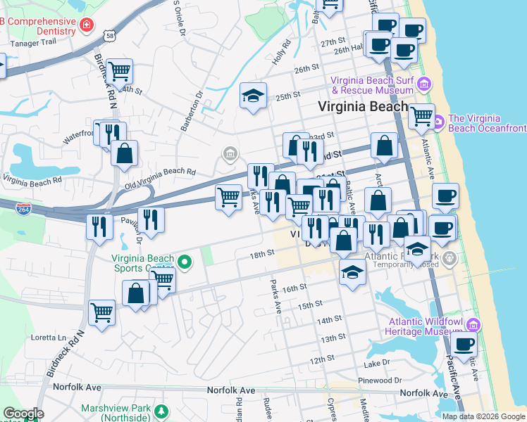 map of restaurants, bars, coffee shops, grocery stores, and more near 723 20th Street in Virginia Beach