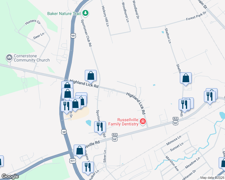 map of restaurants, bars, coffee shops, grocery stores, and more near Highland Lick Road in Russellville