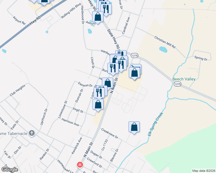 map of restaurants, bars, coffee shops, grocery stores, and more near 1361 North Main Street in Monticello
