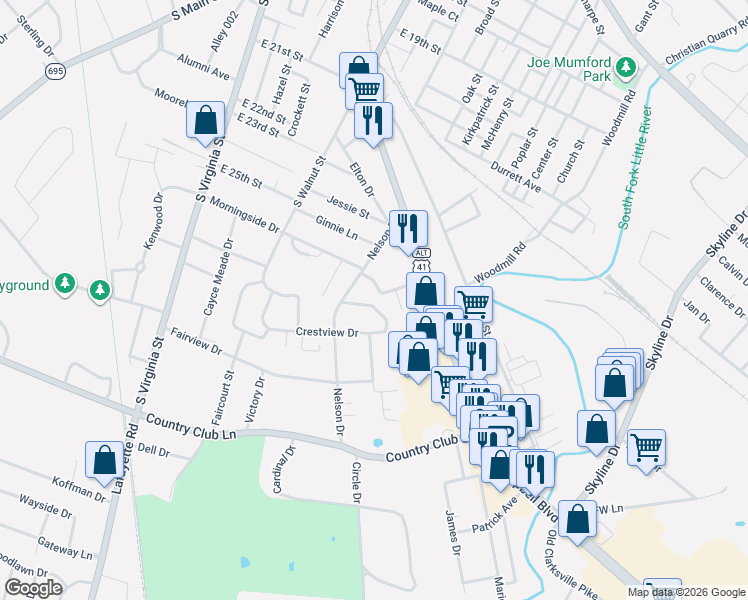 map of restaurants, bars, coffee shops, grocery stores, and more near 405 Sylvan Terrace in Hopkinsville