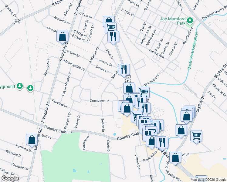 map of restaurants, bars, coffee shops, grocery stores, and more near 405 Sylvan Terrace in Hopkinsville