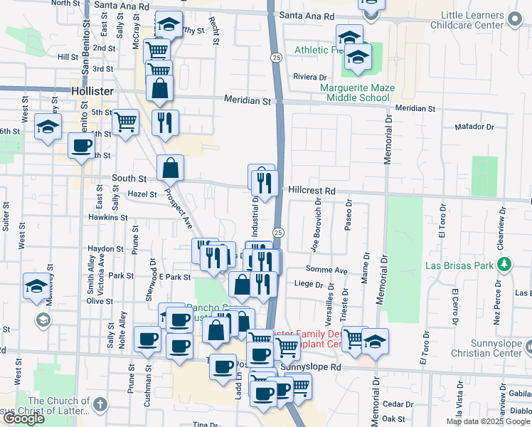 map of restaurants, bars, coffee shops, grocery stores, and more near 827 Industrial Drive in Hollister