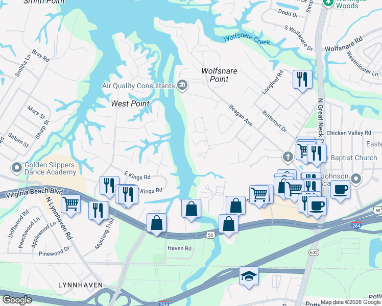 map of restaurants, bars, coffee shops, grocery stores, and more near 391 River Forest Road in Virginia Beach