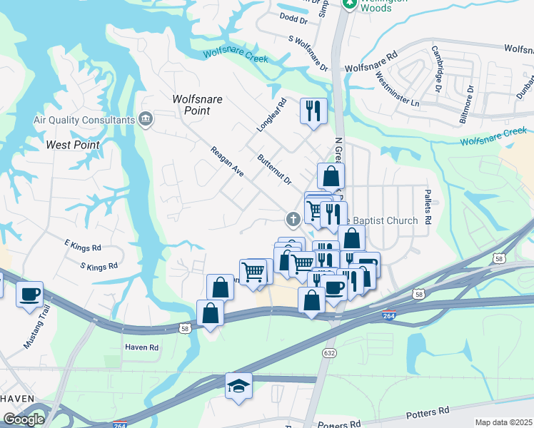 map of restaurants, bars, coffee shops, grocery stores, and more near 315 Sunflower Court in Virginia Beach