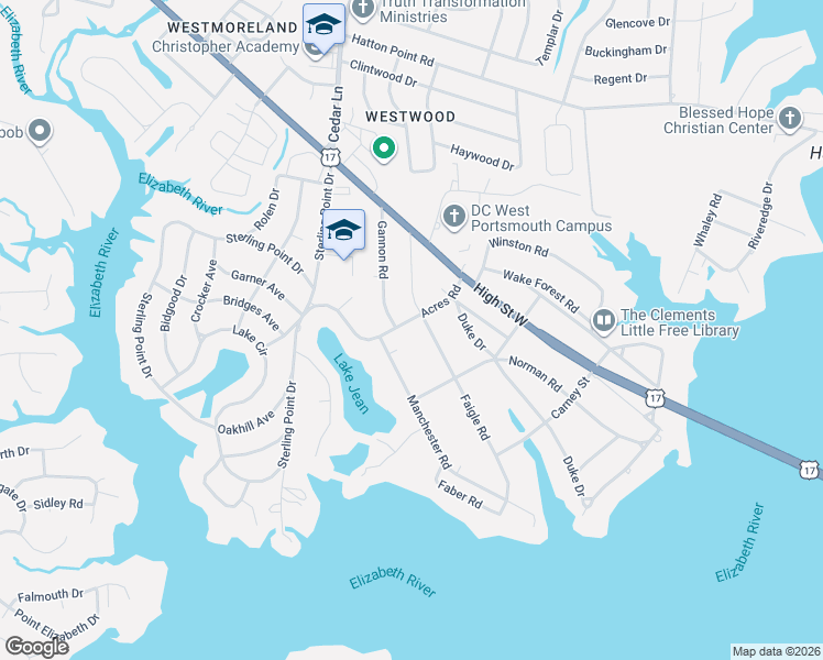 map of restaurants, bars, coffee shops, grocery stores, and more near 4309 Faigle Road in Portsmouth