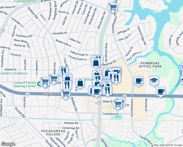 map of restaurants, bars, coffee shops, grocery stores, and more near 4616 Broad Street in Virginia Beach