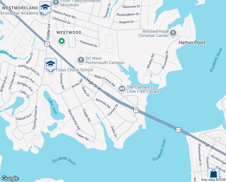 map of restaurants, bars, coffee shops, grocery stores, and more near 4504 High Street West in Portsmouth