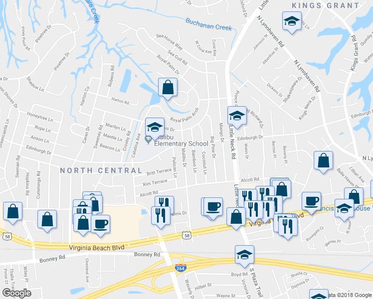 map of restaurants, bars, coffee shops, grocery stores, and more near 444 Malibu Drive in Virginia Beach