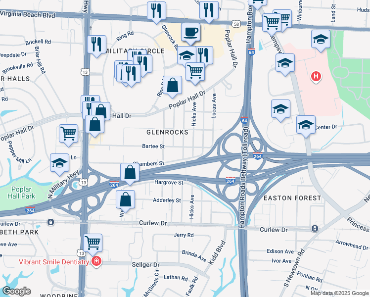 map of restaurants, bars, coffee shops, grocery stores, and more near 5921 Bartee Street in Norfolk