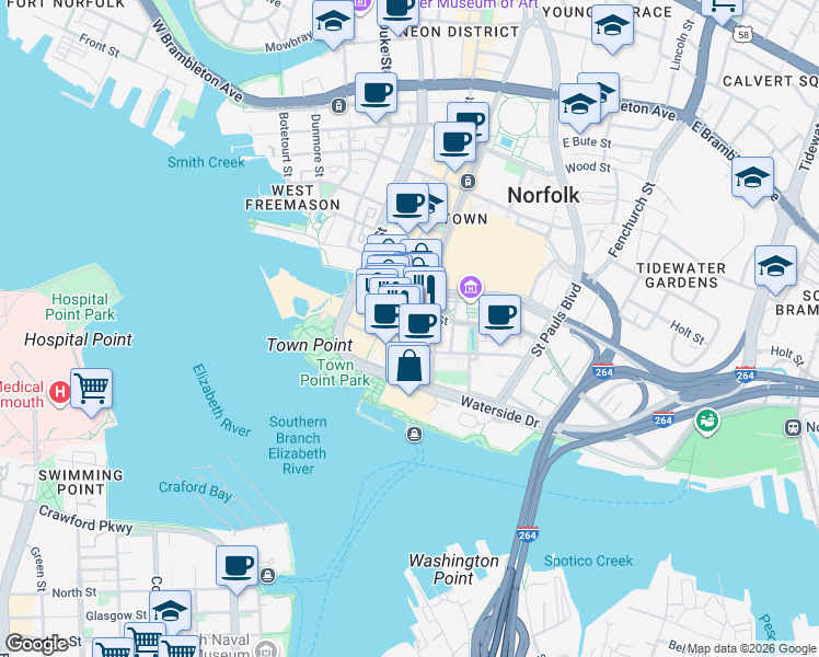 map of restaurants, bars, coffee shops, grocery stores, and more near 208 East Main Street in Norfolk
