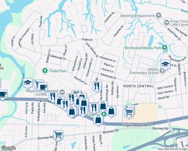 map of restaurants, bars, coffee shops, grocery stores, and more near 464 Lynn Shores Drive in Virginia Beach