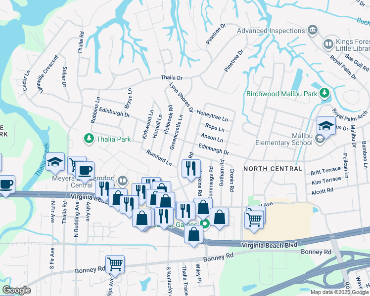 map of restaurants, bars, coffee shops, grocery stores, and more near 464 Lynn Shores Drive in Virginia Beach