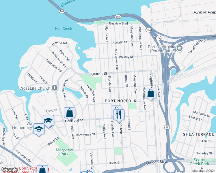 map of restaurants, bars, coffee shops, grocery stores, and more near 454 Florida Avenue in Portsmouth