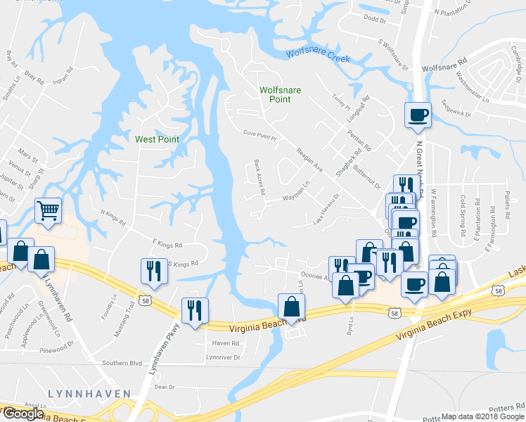 map of restaurants, bars, coffee shops, grocery stores, and more near 376 River Forest Road in Virginia Beach