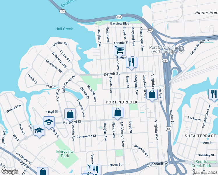 map of restaurants, bars, coffee shops, grocery stores, and more near 454 Florida Avenue in Portsmouth
