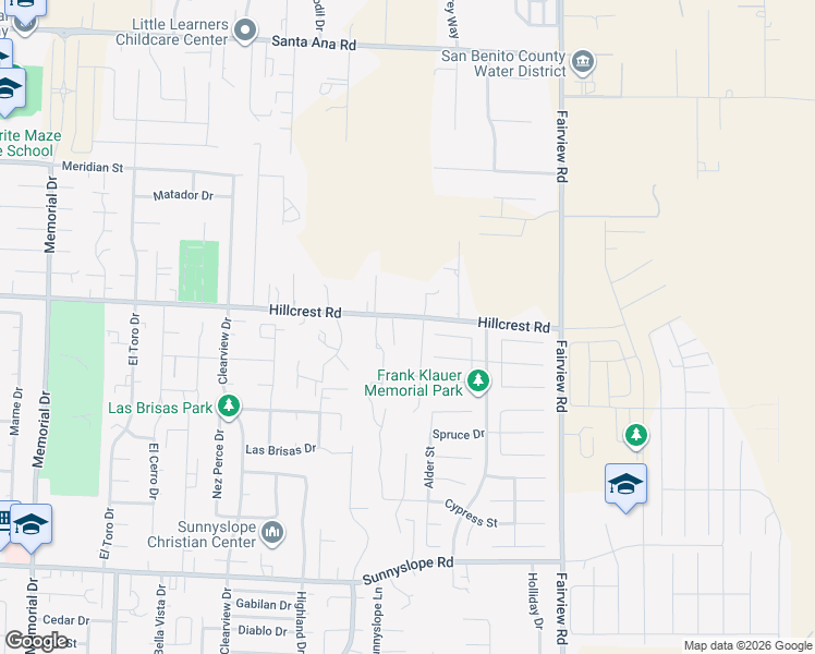 map of restaurants, bars, coffee shops, grocery stores, and more near 1607 Hillcrest Road in Hollister