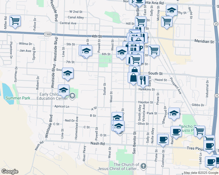 map of restaurants, bars, coffee shops, grocery stores, and more near 491 Hawkins Street in Hollister