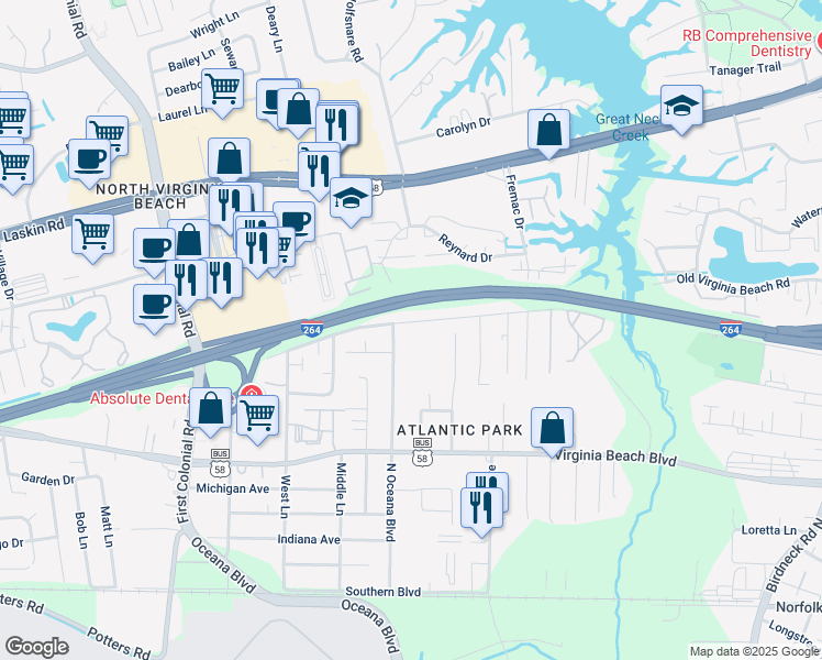 map of restaurants, bars, coffee shops, grocery stores, and more near 452 North Oceana Boulevard in Virginia Beach