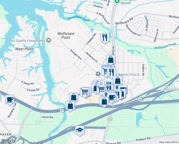 map of restaurants, bars, coffee shops, grocery stores, and more near 301 London Pointe Court in Virginia Beach