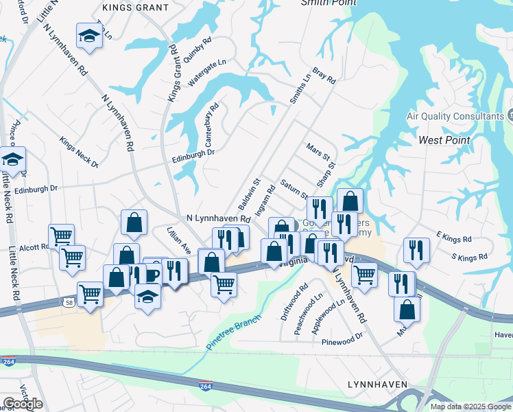 map of restaurants, bars, coffee shops, grocery stores, and more near 408 Ingram Road in Virginia Beach