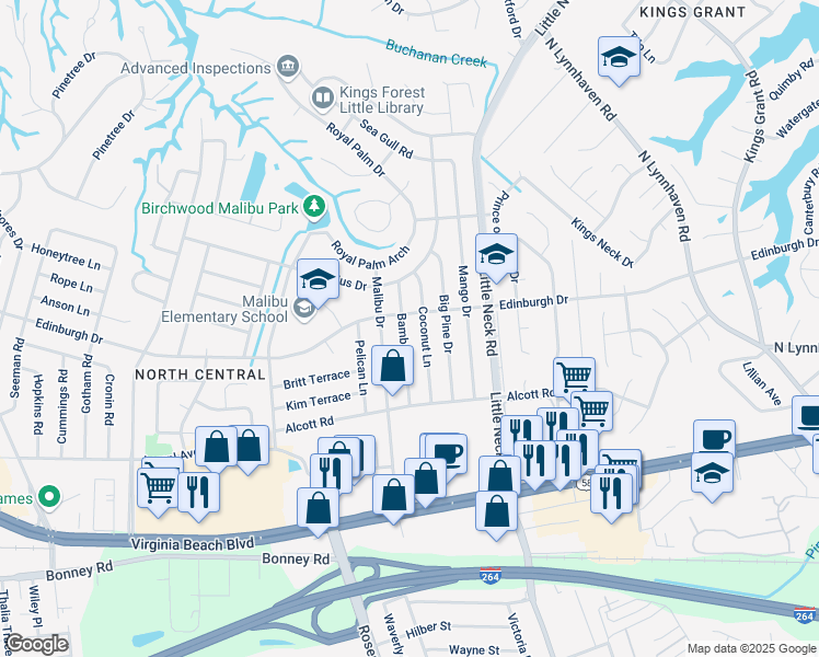 map of restaurants, bars, coffee shops, grocery stores, and more near 433 Bamboo Lane in Virginia Beach