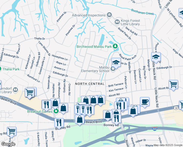 map of restaurants, bars, coffee shops, grocery stores, and more near 500 Edinburgh Place in Virginia Beach