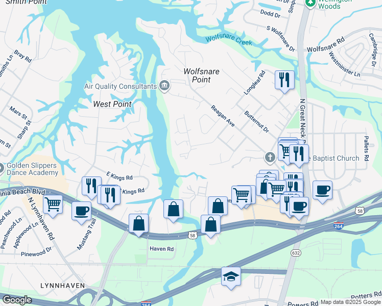map of restaurants, bars, coffee shops, grocery stores, and more near 416 River Forest Road in Virginia Beach