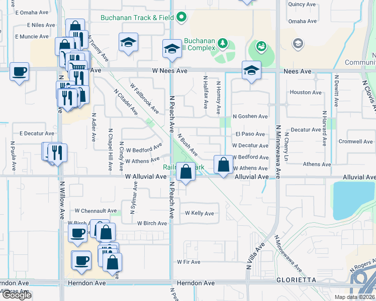 map of restaurants, bars, coffee shops, grocery stores, and more near 305 West Alluvial Avenue in Clovis