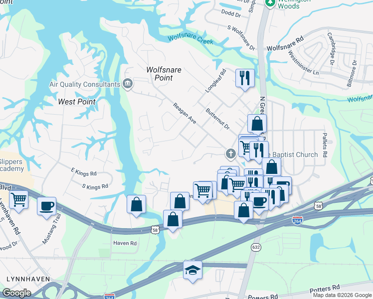 map of restaurants, bars, coffee shops, grocery stores, and more near 446 Lake Havasu Drive in Virginia Beach