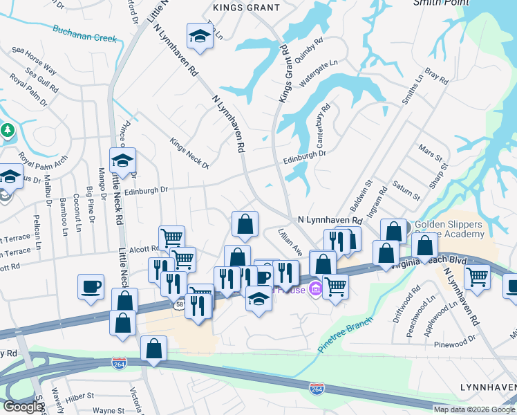 map of restaurants, bars, coffee shops, grocery stores, and more near 453 Leslie Terrace in Virginia Beach