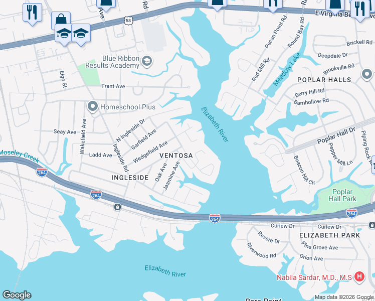 map of restaurants, bars, coffee shops, grocery stores, and more near 804 Townsend Court in Norfolk