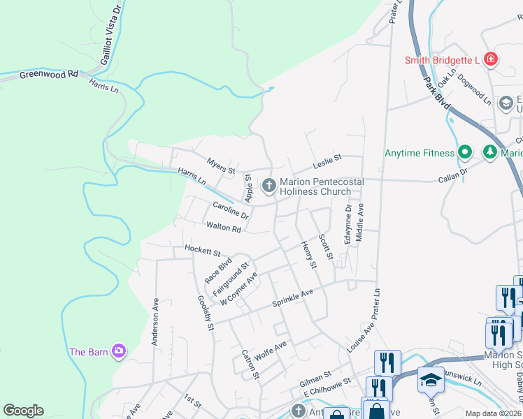 map of restaurants, bars, coffee shops, grocery stores, and more near 106-108 Poplar St in Marion