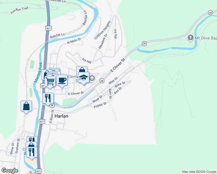 map of restaurants, bars, coffee shops, grocery stores, and more near 602 Rose Street in Harlan
