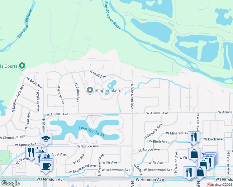 map of restaurants, bars, coffee shops, grocery stores, and more near 2555 West Bluff Avenue in Fresno