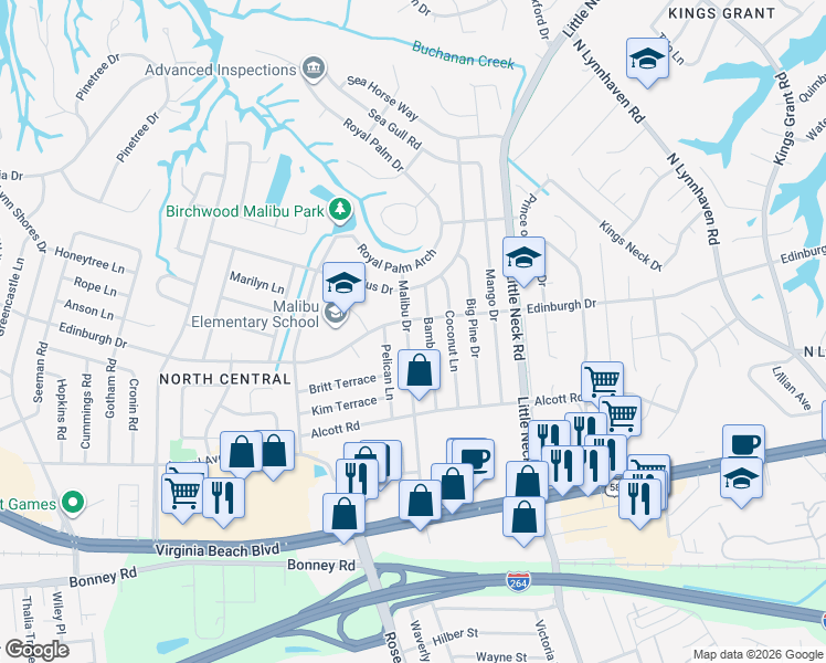 map of restaurants, bars, coffee shops, grocery stores, and more near 444 Malibu Drive in Virginia Beach