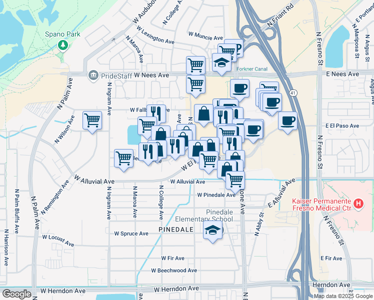 map of restaurants, bars, coffee shops, grocery stores, and more near 260 West El Paso Avenue in Fresno