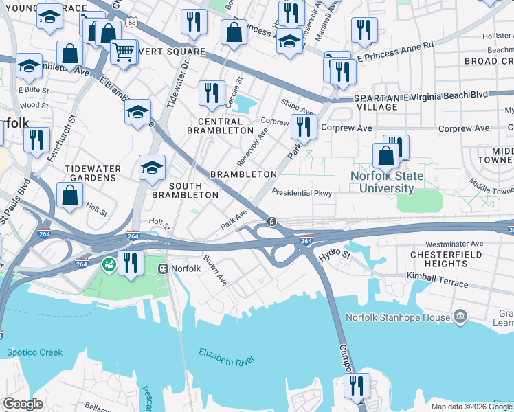 map of restaurants, bars, coffee shops, grocery stores, and more near 700 Park Avenue in Norfolk