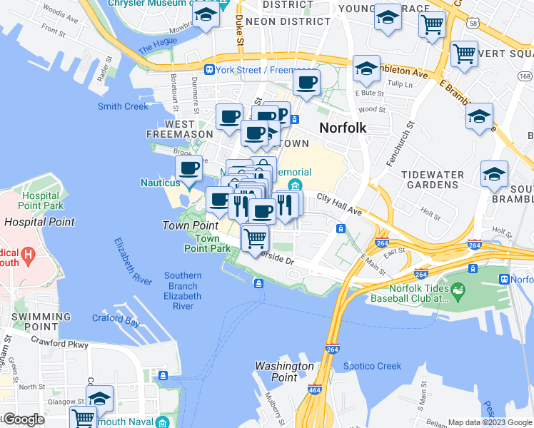 map of restaurants, bars, coffee shops, grocery stores, and more near 235 East Plume Street in Norfolk