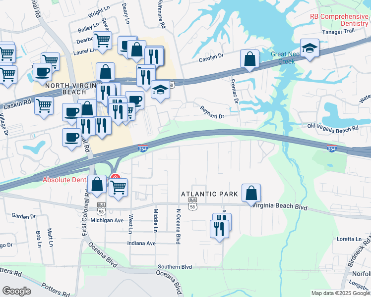map of restaurants, bars, coffee shops, grocery stores, and more near 472 North Oceana Boulevard in Virginia Beach