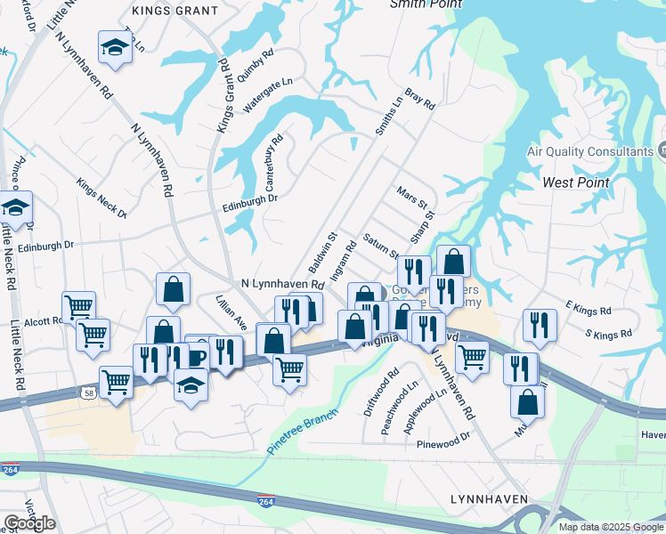 map of restaurants, bars, coffee shops, grocery stores, and more near 408 Ingram Road in Virginia Beach