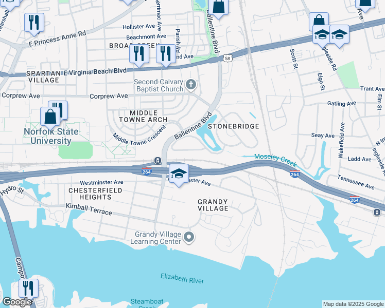map of restaurants, bars, coffee shops, grocery stores, and more near 3045 South Lakebridge Drive in Norfolk
